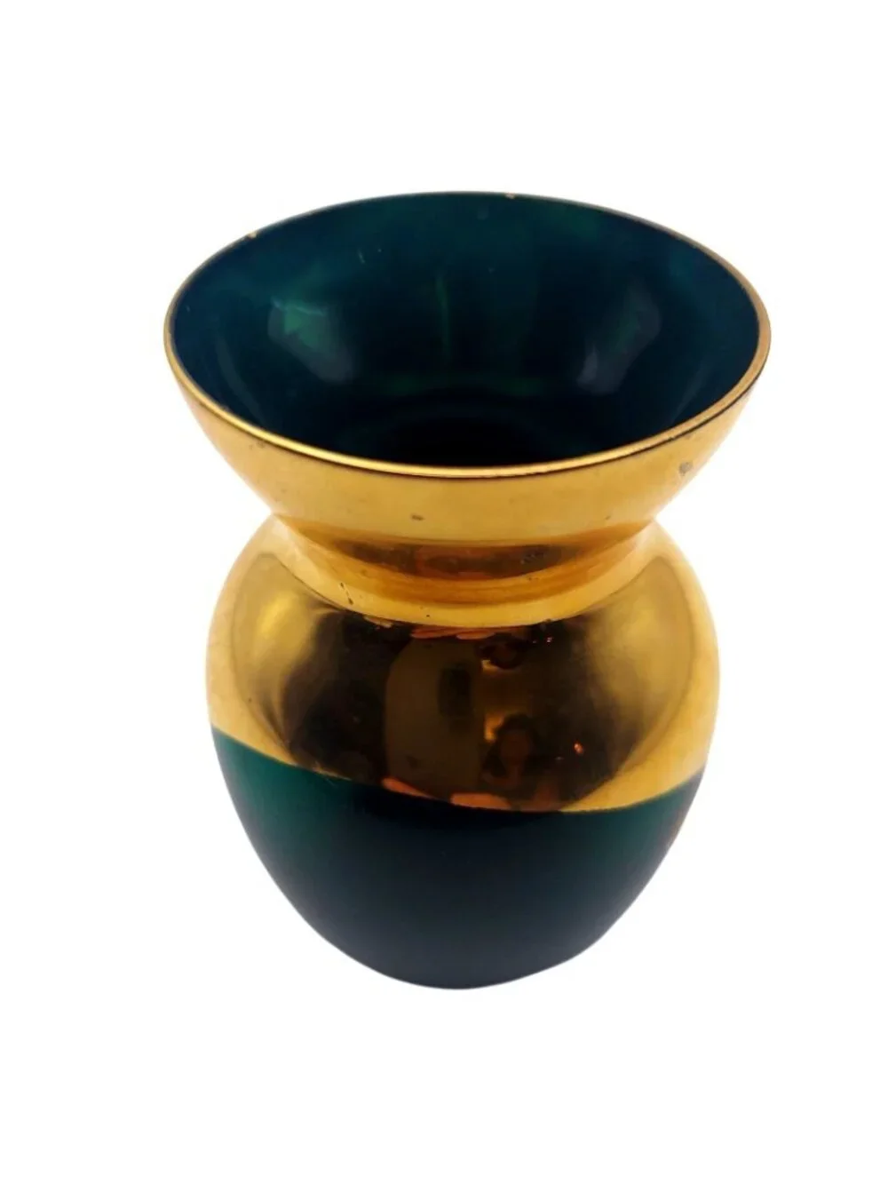 Czech Bohemian Glass Bud Vase Mini Hand Painted Green Floral Gold Trim Vintage